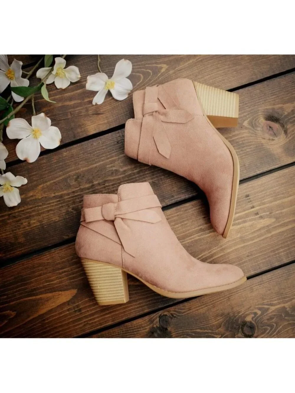 Women's Pink Tie Knot Closed Toe Stacked Heel Chelsea Pump Ankle Boots